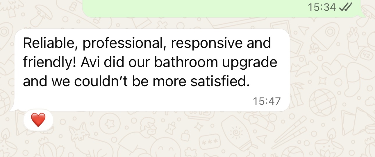 WhatsApp review from Nataly praising Avi's reliable and professional bathroom work