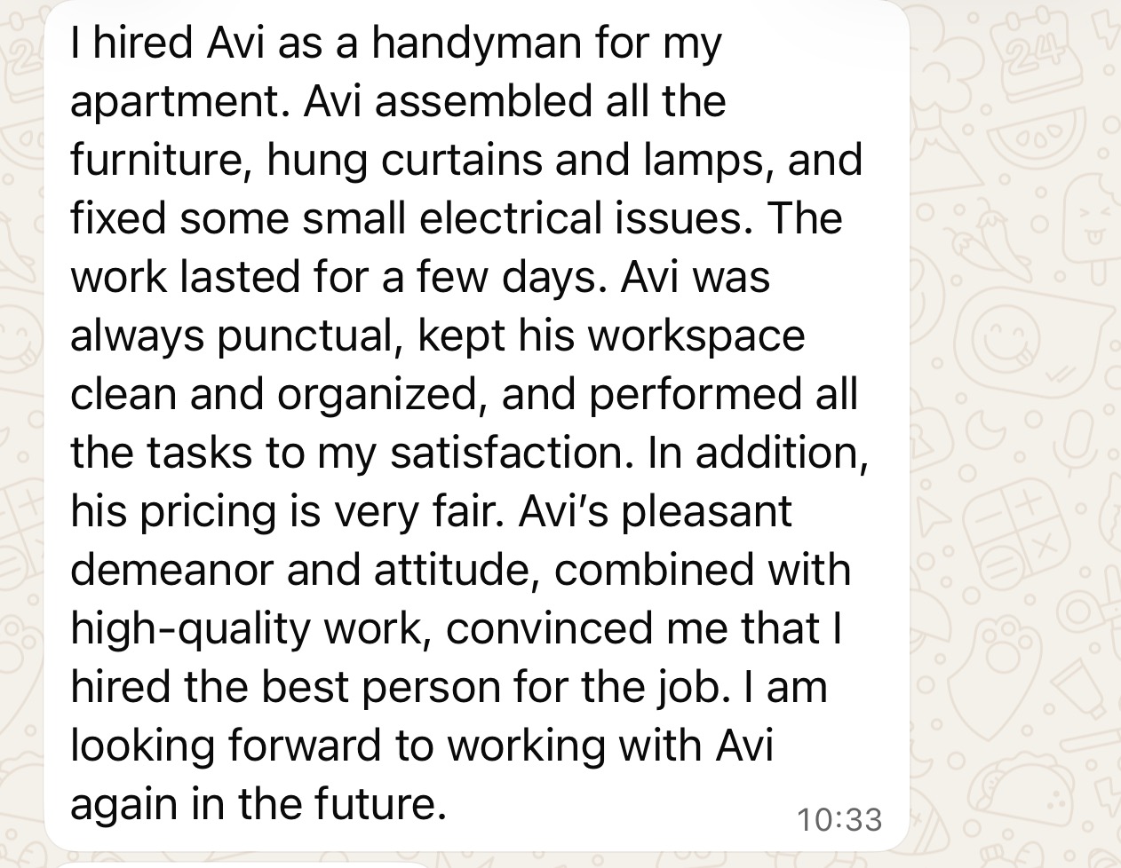 WhatsApp review from Yael P about Avi's furniture assembly, mounting and electrical work
