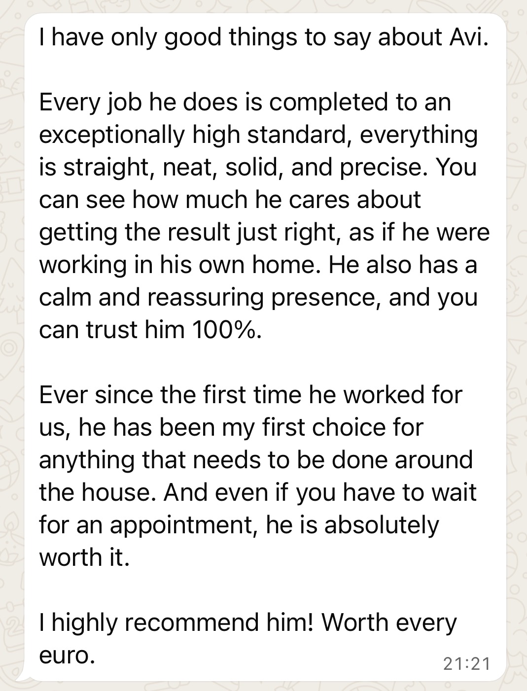 WhatsApp review from Yael recommending Avi for his precise, reliable and high-quality work